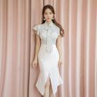 Printed Front-slit Short-sleeve Bodycon Dress