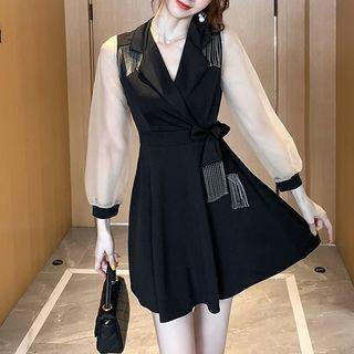 Notch Lapel Mesh Panel Mini A-line Dress