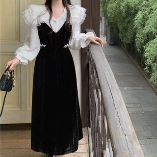 Ruffled Blouse / Velvet Midi A-line Overall Dress