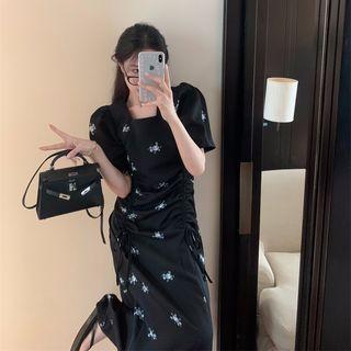 Puff-sleeve Floral Drawstring Midi Sundress