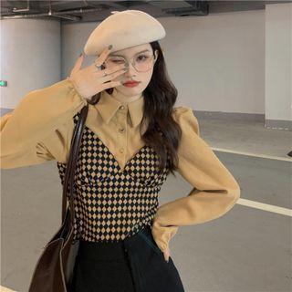 Mock Two-piece Checkerboard Panel Shirt