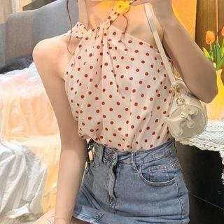 Halter-neck Shirred Dotted Top Dotted - Red & White - One Size