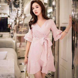 V-neck Striped Elbow-sleeve A-line Dress