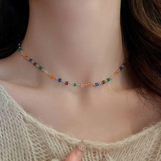 Beaded Choker Necklace - Orange & Blue & Green - One Size