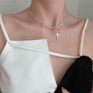 Rhinestone Layered Necklace 1pc - Silver - One Size