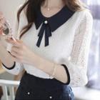 Elbow-sleeve Contrast Collar Lace Blouse