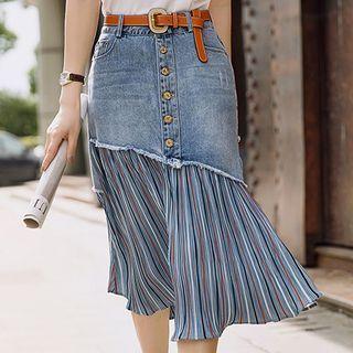 Striped Panel Denim Midi Pencil Skirt