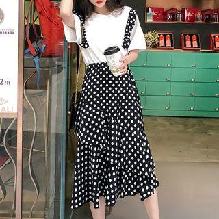 Set: Ruffle Trim Short-sleeve T-shirt + Dotted Midi A-line Skirt