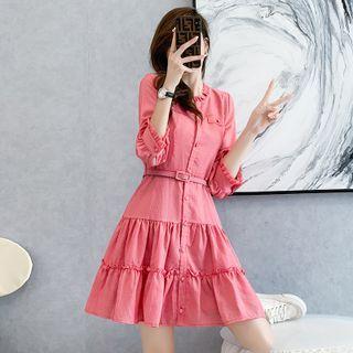 Long-sleeve Frill Trim Layered A-line Dress