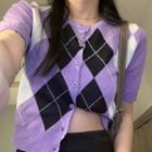Short-sleeve Argyle Cropped Cardigan