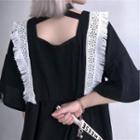 Fray Hem Elbow-sleeve A-line Dress Black - One Size