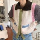 Color Block Button-up Sweater Vest White & Pink & Blue & Black - One Size