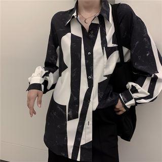Color-block Long-sleeve Shirt / High-waist Distressed Skirt