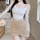 Set: V-neck Crop Camisole Top + Lace Oversleeves White - One Size