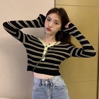 Long-sleeve Striped Buttoned Placket Knit Top