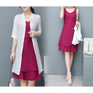 Set: Open Front Linen Long Light Jacket + Sleeveless Tie-waist Linen Midi Dress