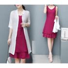 Set: Open Front Linen Long Light Jacket + Sleeveless Tie-waist Linen Midi Dress