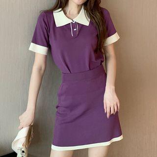 Contrast Collar Knit Polo Top / Mini A-line Skirt