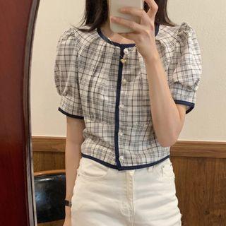 Peter Pan Round-neck Plaid Blouse Plaid - Blue & White - One Size