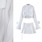 Bell-sleeve Stand Collar Crop Shirt / Mini A-line Skirt / Set