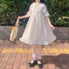 Collared Bell-sleeve Ruffle Hem A-line Dress White - One Size