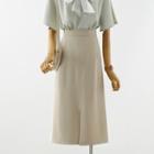 Short-sleeve Tie-neck Blouse / Midi A-line Skirt