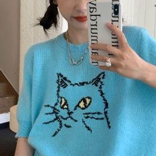 Short-sleeve Cat Jacquard Knit Top Blue - One Size