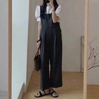 Set: Short-sleeve Blouse + Loose Fit Jumper Pants Green - One Size