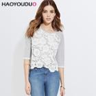 Crochet Lace Panel Elbow Sleeve Top