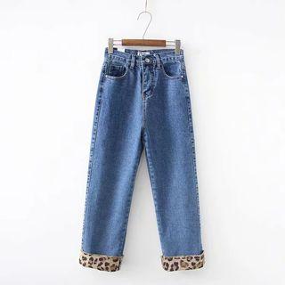 Leopard Print Panel Straight-cut Jeans