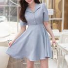 Open-placket Faux-pearl Flare Dress
