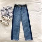 Color-block Frayed High-waist Cropped Jeans With Belt