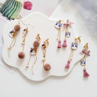 Non-matching Cat Tassel / Bobble Dangle Earring