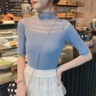 Mock-turtleneck Mesh Panel Short-sleeve Knit Top
