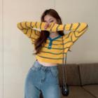 Half-placket Striped Cropped Knit Top