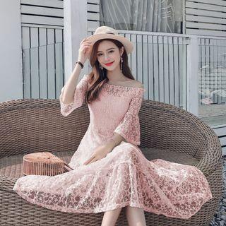 Elbow-sleeve Cold Shoulder Lace A-line Midi Dress