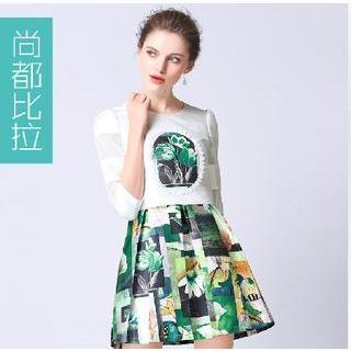 Patterned Mock Two-piece A-line Dress