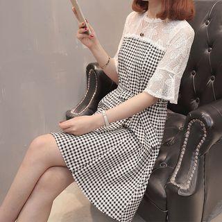 Lace Panel Short-sleeve A-line Plaid Dress