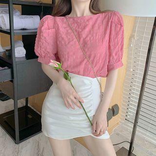 Puff-sleeve Sheer Chiffon Top / High-waist Mini Skirt