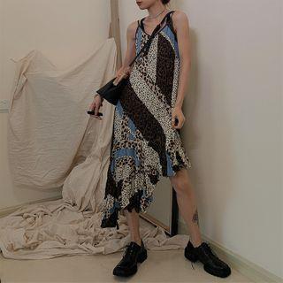 Spaghetti Strap Leopard Print Asymmetric Hem Midi A-line Dress As Shown In Figure - One Size