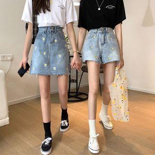 Floral Embroidered Washed A-line Denim Skirt / Denim Shorts