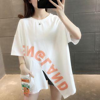 Elbow-sleeve Asymmetrical Lettering Print T-shirt
