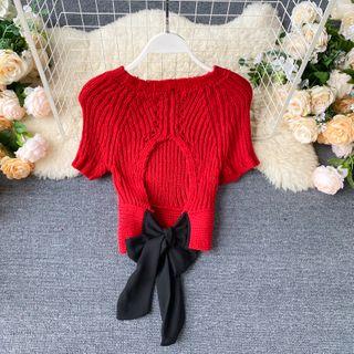 Short-sleeve Bow Back Open Back Sweater