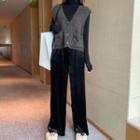 Knit Buttoned Vest / Velvet Wide-leg Pants