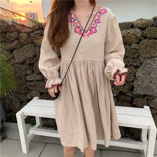 Long-sleeve Embroidered Trim A-line Dress Khaki - One Size