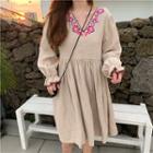 Long-sleeve Embroidered Trim A-line Dress Khaki - One Size