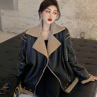 Fleece-lined Zip-up Faux Leather Biker Jacket
