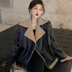Fleece-lined Zip-up Faux Leather Biker Jacket