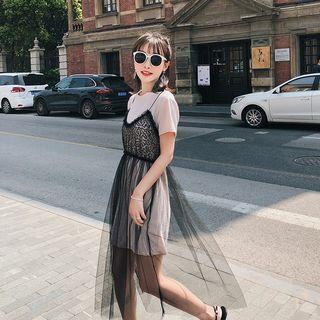 Set: Short-sleeve Long T-shirt + Mesh Strappy Midi Dress