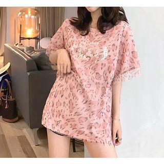Short-sleeve Leopard Print T-shirt Pink - One Size
